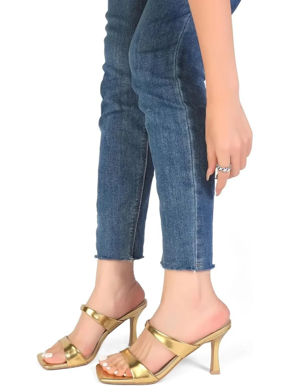 Women's Gold Two Straps Kitten Heels Stiletto Heel Square Open Toe Slip On